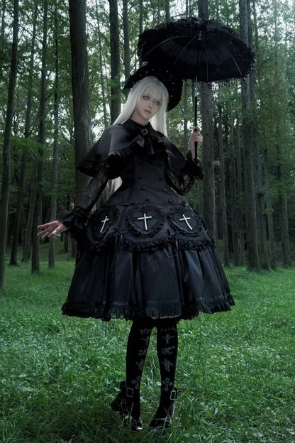 【12月12日予約締切】Night Crossダークエレガントゴシックロリータジュエルリボンケープ＋ロングドレスセット