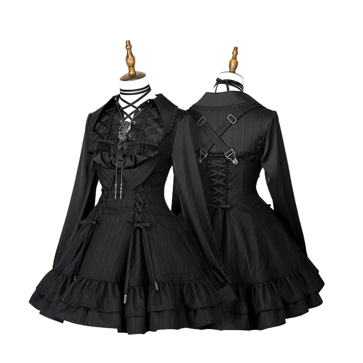 【12月29日予約締切】ゴシックロリータダークカラーストライプバッククロスフリルサスドレス