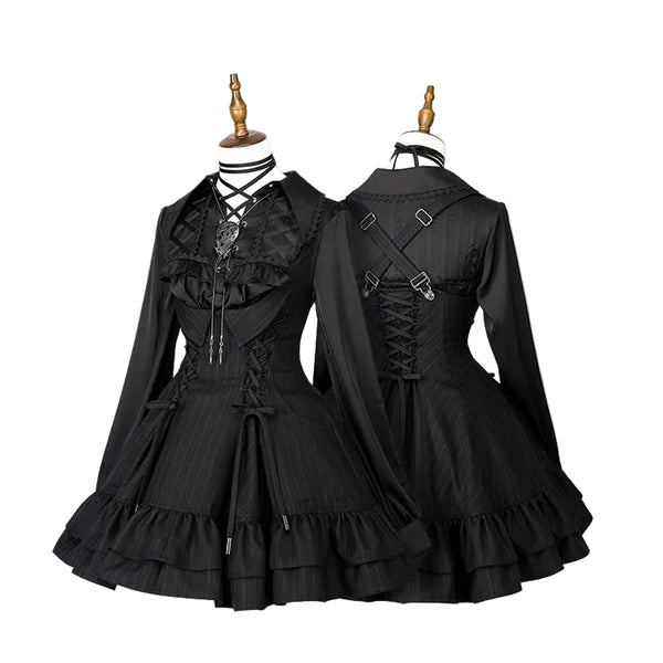 【12月29日予約締切】ゴシックロリータダークカラーストライプバッククロスフリルサスドレス