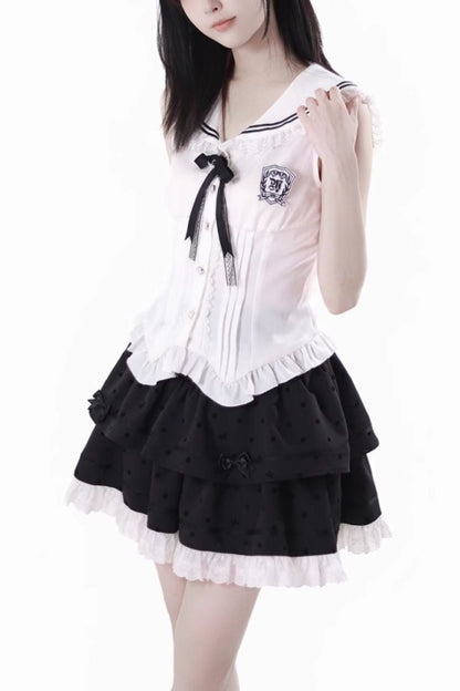 Cárdigan Dark Kawaii con cordones + Top marinero sin mangas + Falda