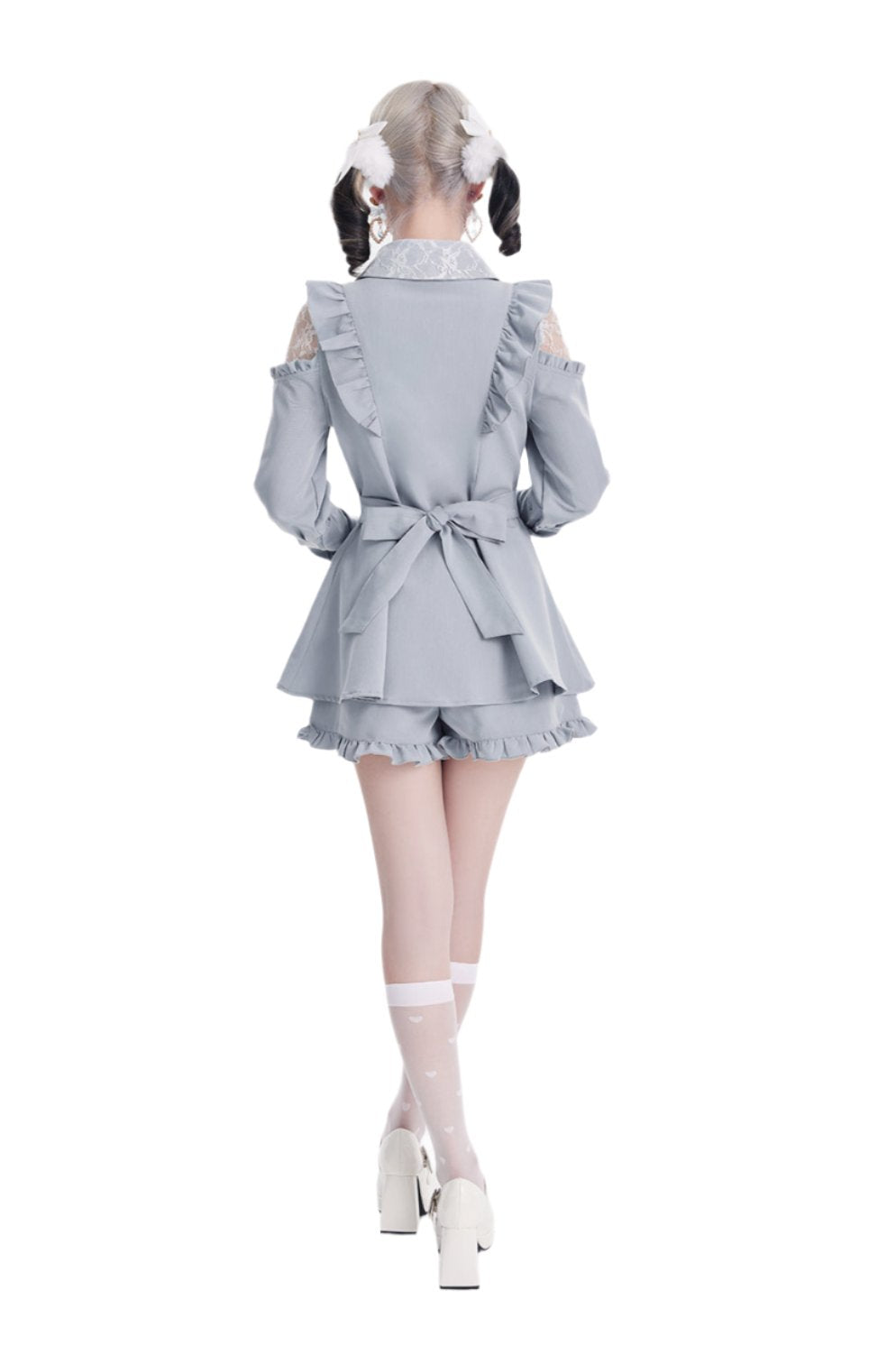 [Reserved product] Race Shear Shoulder Frill Ribbon Design Suit