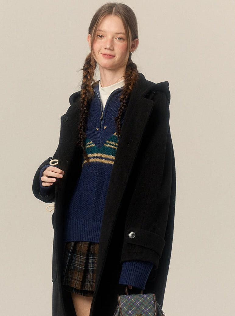 College Style Hooded Mid Length Horn Button Wool Coat