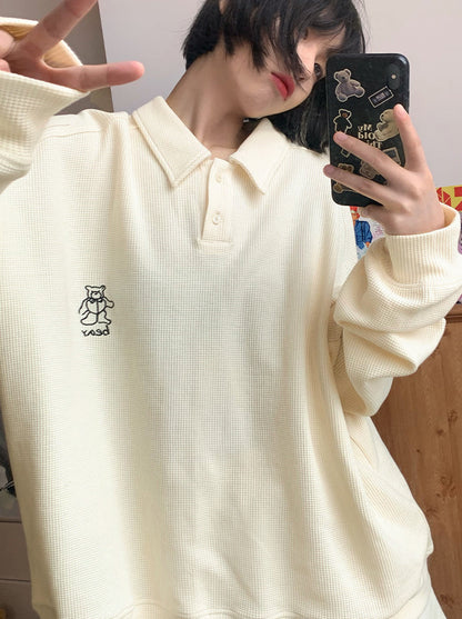 Waffle Polo Collar Loose Sweatshirt