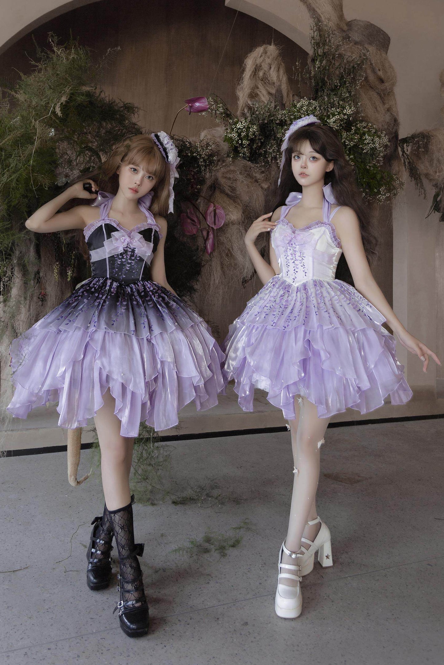 [Pre-order Deadline: June 18] Wisteria Purple Gradient Fairy Lolita Bow Layered JSK Dress + Full Set (Dress + Flower Hat)