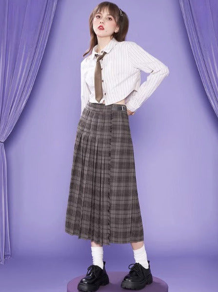 College Style Pleated Mid Length Check Skirt