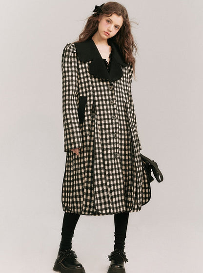 Big Collar Over Check Wool Coat