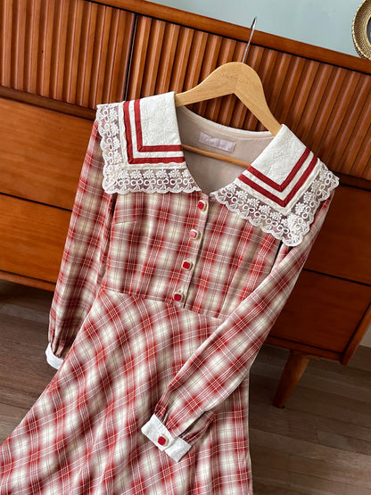 Retro French Check Sailor Collar Dress