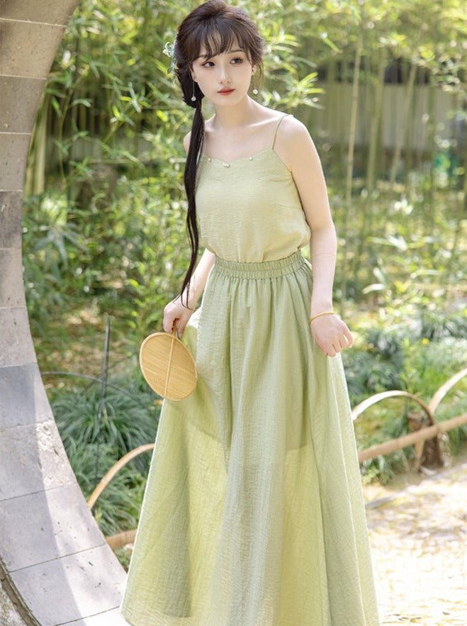 Summer Green Retro China Top + Inner Camisole + Long Skirt