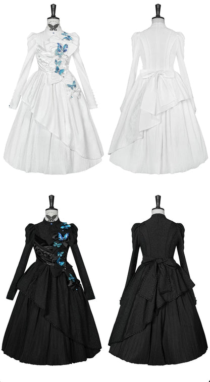 [Reservierungsschluss 14. Oktober] Schwarz/weißes Gothic-Lolita-Langkleid mit Schmetterlingsschleife, Stehkragen und asymmetrischen Lagen