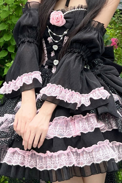 Flower Tube Top Lolita Dress + Sleeve + Head Accessories