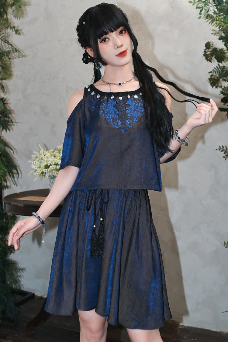 チャイナデザインオフショルダートップス+タッセルスカート