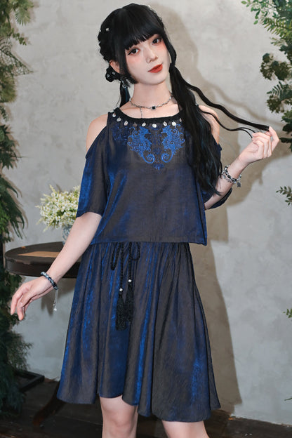 チャイナデザインオフショルダートップス+タッセルスカート