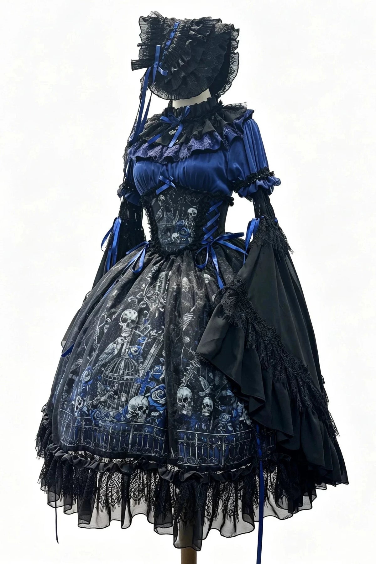 【11月25日予約締切】Gothic Lolita Frill Lace Puff Sleeve Satin Shirt + Skeleton Lace Layered Corset Skirt + Detachable Bell Sleeves + Bonnet Set