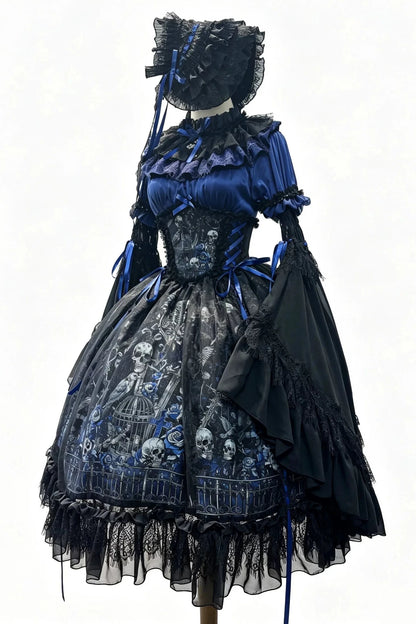 【11月25日予約締切】Gothic Lolita Frill Lace Puff Sleeve Satin Shirt + Skeleton Lace Layered Corset Skirt + Detachable Bell Sleeves + Bonnet Set