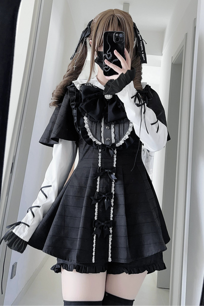 【3月1日予約締切】グレーブラックジュエルリボンフリルドレス＋ロングスリーブ＋ショートパンツフルセット