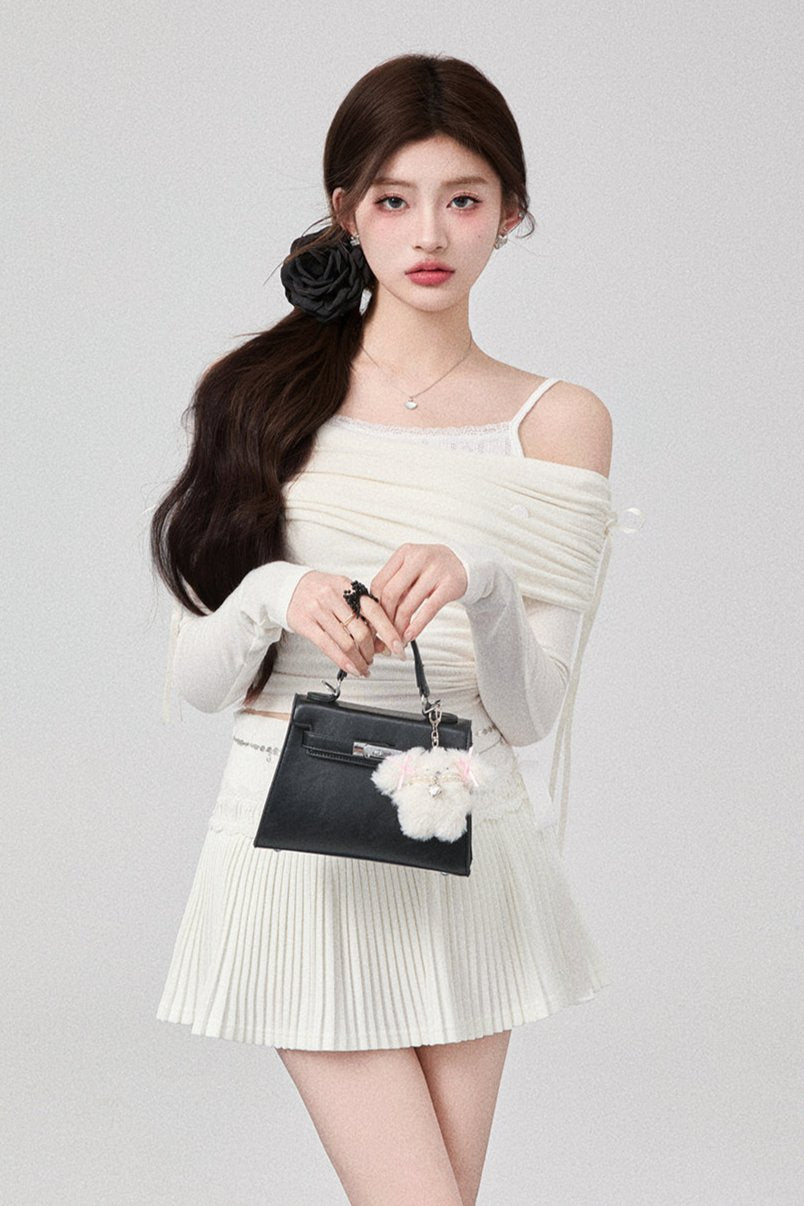 Bowan Shoulder Knit Tops + Pleated Skirt + Ribbon Cake Skirt