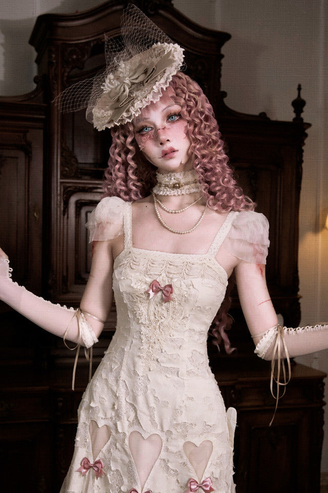 コットンラブハートリボンカットアウトレーススリップドレス