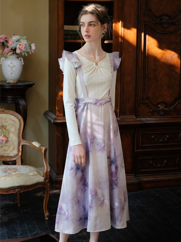 French Oil Paint Print Ruffle Strap Skirt