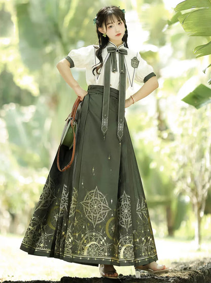 Magic Time and Space China Pointed Collar Ribbon Shirt + Long Skirt