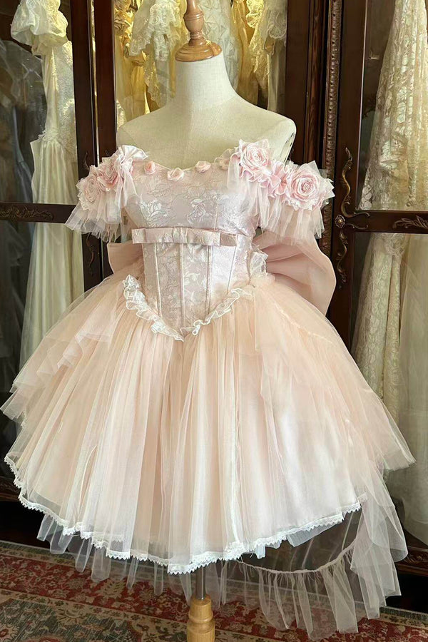 ライトピンキースイートロリータドレス+リボンテール