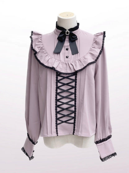 Lace Stand Collar Ruffle Mine Ribbon Shirt