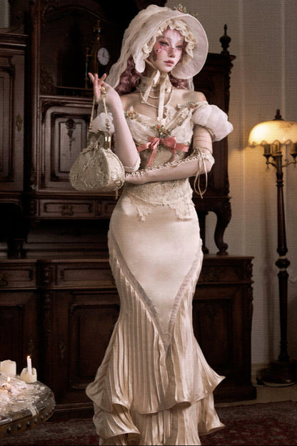 French Rococo Elegant Rabbit Ear Cap + Mesh Flat Cap + Mesh Bow Cap