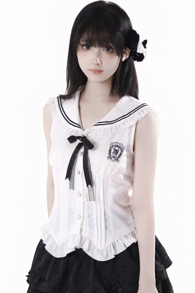 Cárdigan Dark Kawaii con cordones + Top marinero sin mangas + Falda