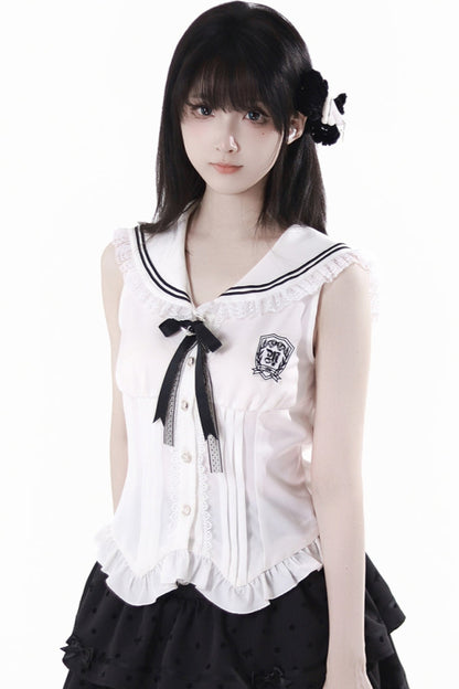 Cárdigan Dark Kawaii con cordones + Top marinero sin mangas + Falda