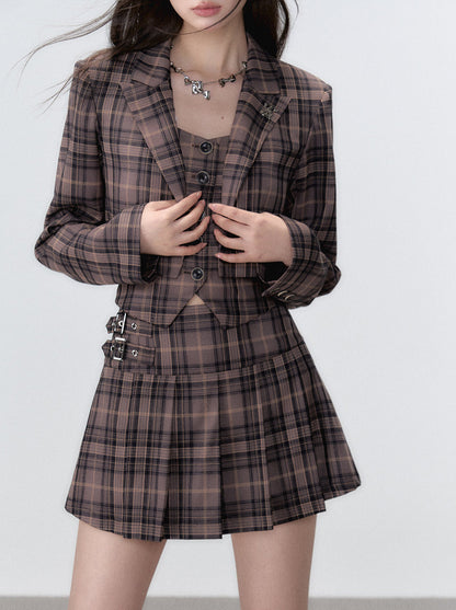 College Style Retro Suit Jacket Vest Pleated Skirt Sleep Piece