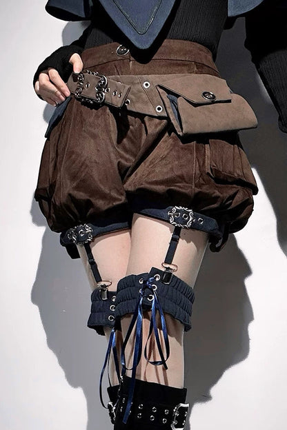 【10月6日予約締切】Dark Navy X Brown Prince Lolita Asymmetrical Cape + Black Knit Top + Leg Ring Shorts + Belt With Pockets + Scarf Ouji Fashion