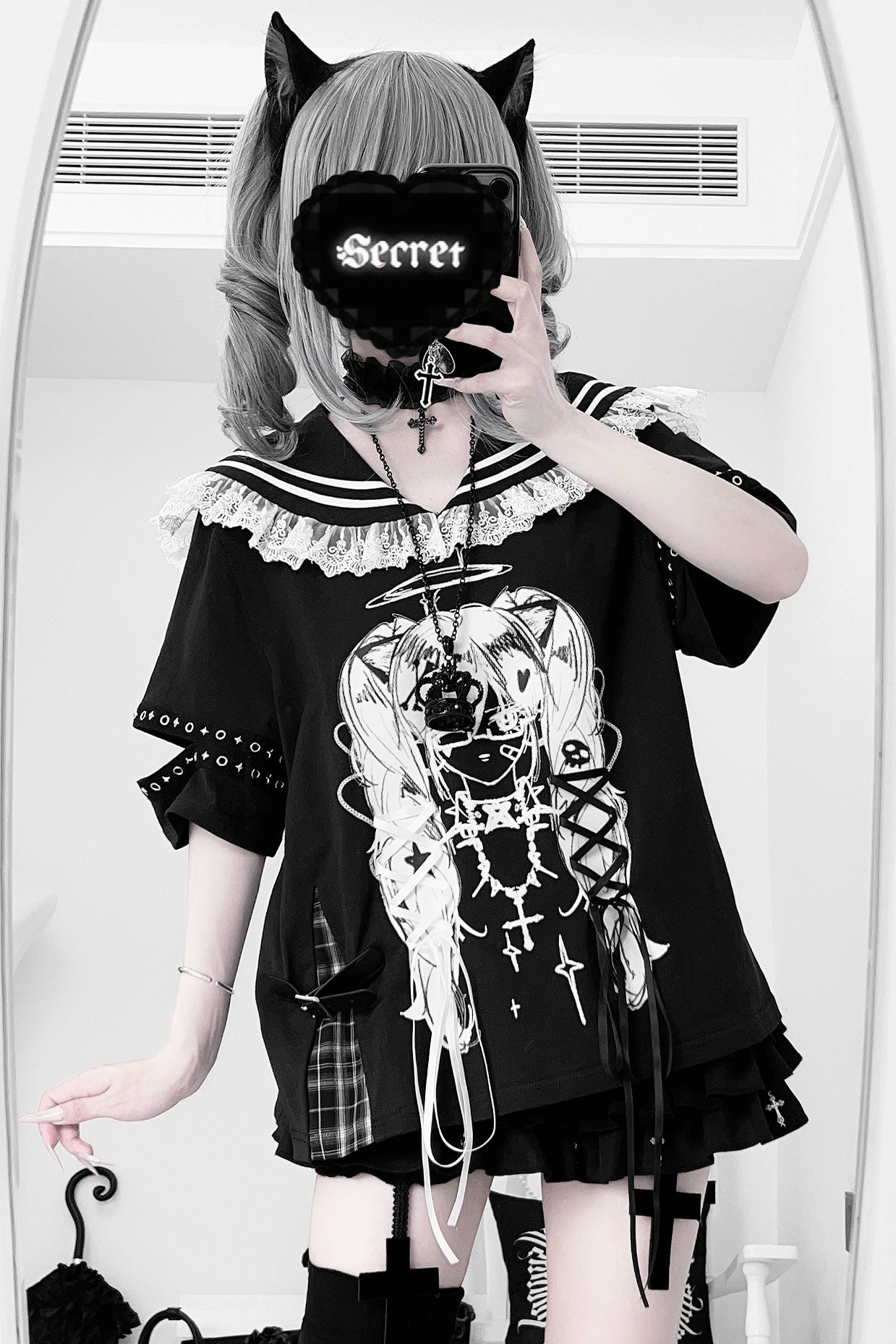 Lala-chan to the dark original design subculture print navy collar strappy top girl sweet cool outfit