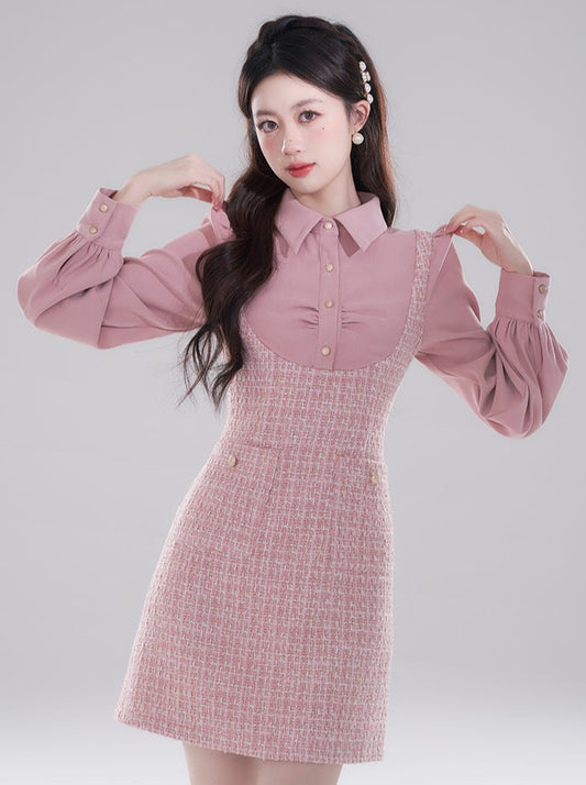 Faux Two Pieced Tweed Pink Dress