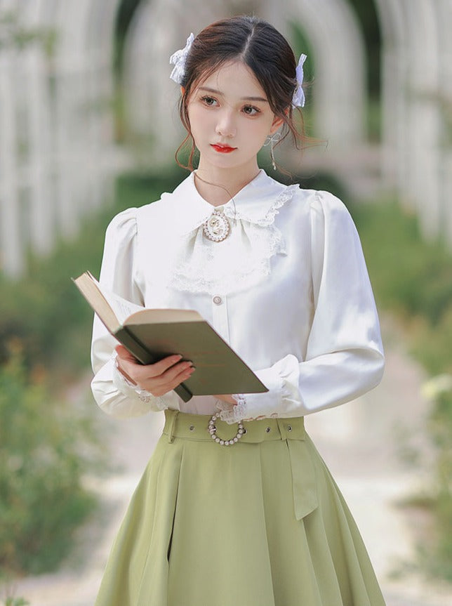 French Style Shirt + Green Long Skirt