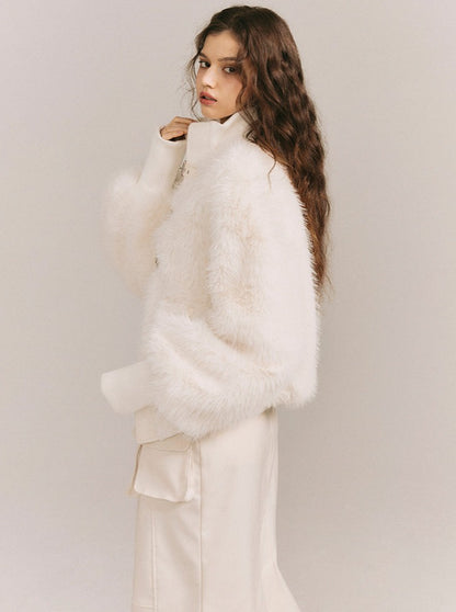 Soft light leather buckle wrap fur coat