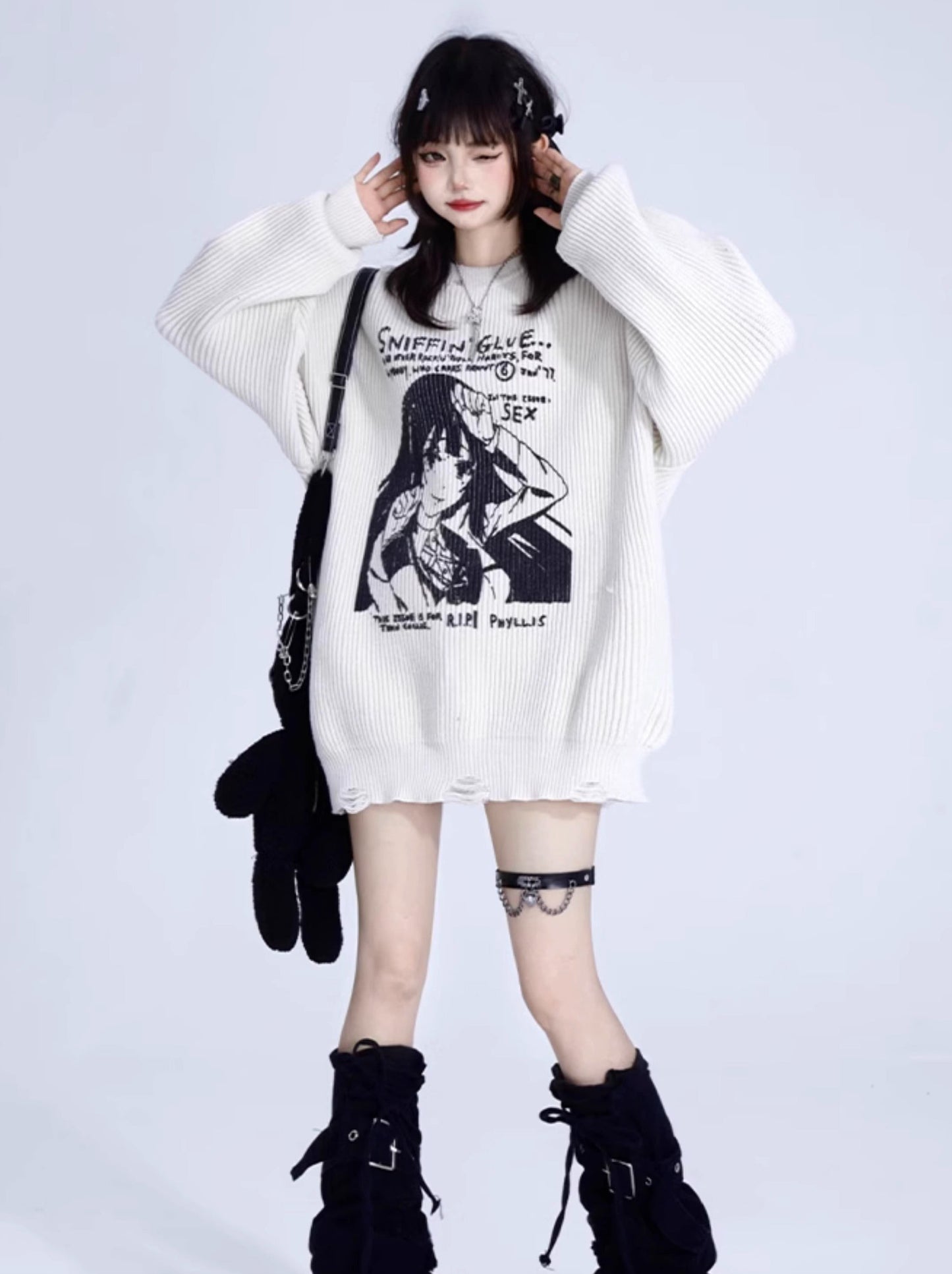 Girl Print Loose Pullover Knit Sweater