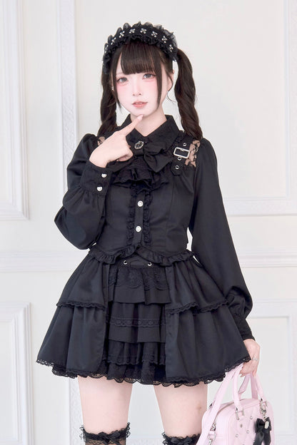 [Reservations] Lace Buckle Shoulder Long Tail Light Gothic Ribbon Shirt