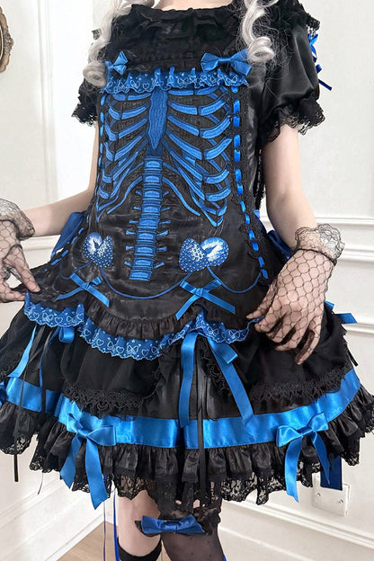 【11月4日予約締切】Blue-Black/Red-Black/Purple-Black Gothic Lolita Puff-Sleeve Lace Bow Doll Dress With Bone Embroidery Apron