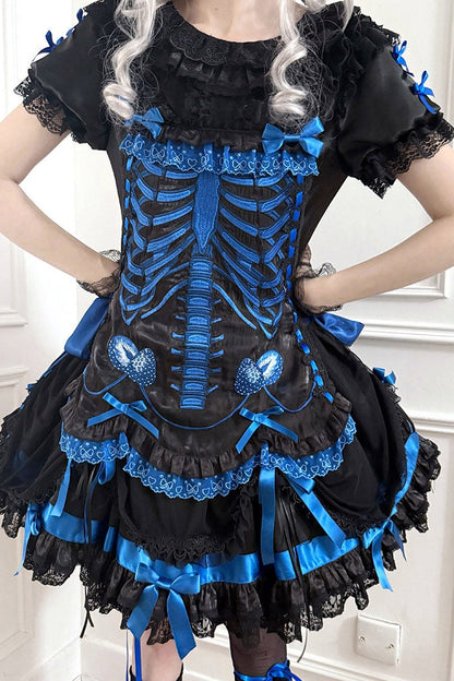 【11月4日予約締切】Blue-Black/Red-Black/Purple-Black Gothic Lolita Puff-Sleeve Lace Bow Doll Dress With Bone Embroidery Apron