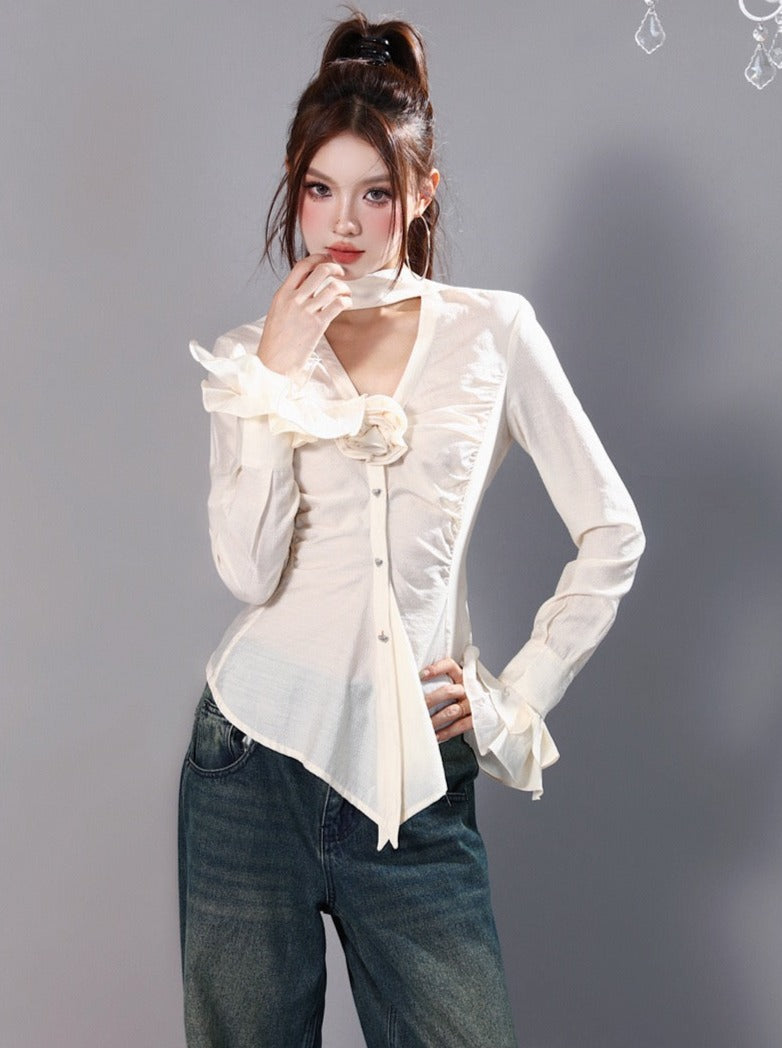 Rose Ruffle Slim Fit French Retro Lace V-Neck Shirt