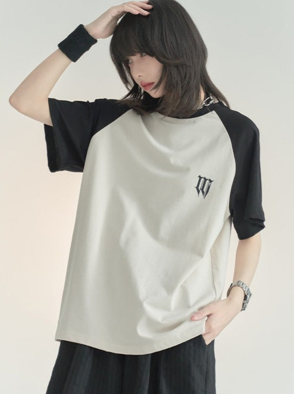 Raglan Sleeve Hit Color Loose Cotton T-Shirt