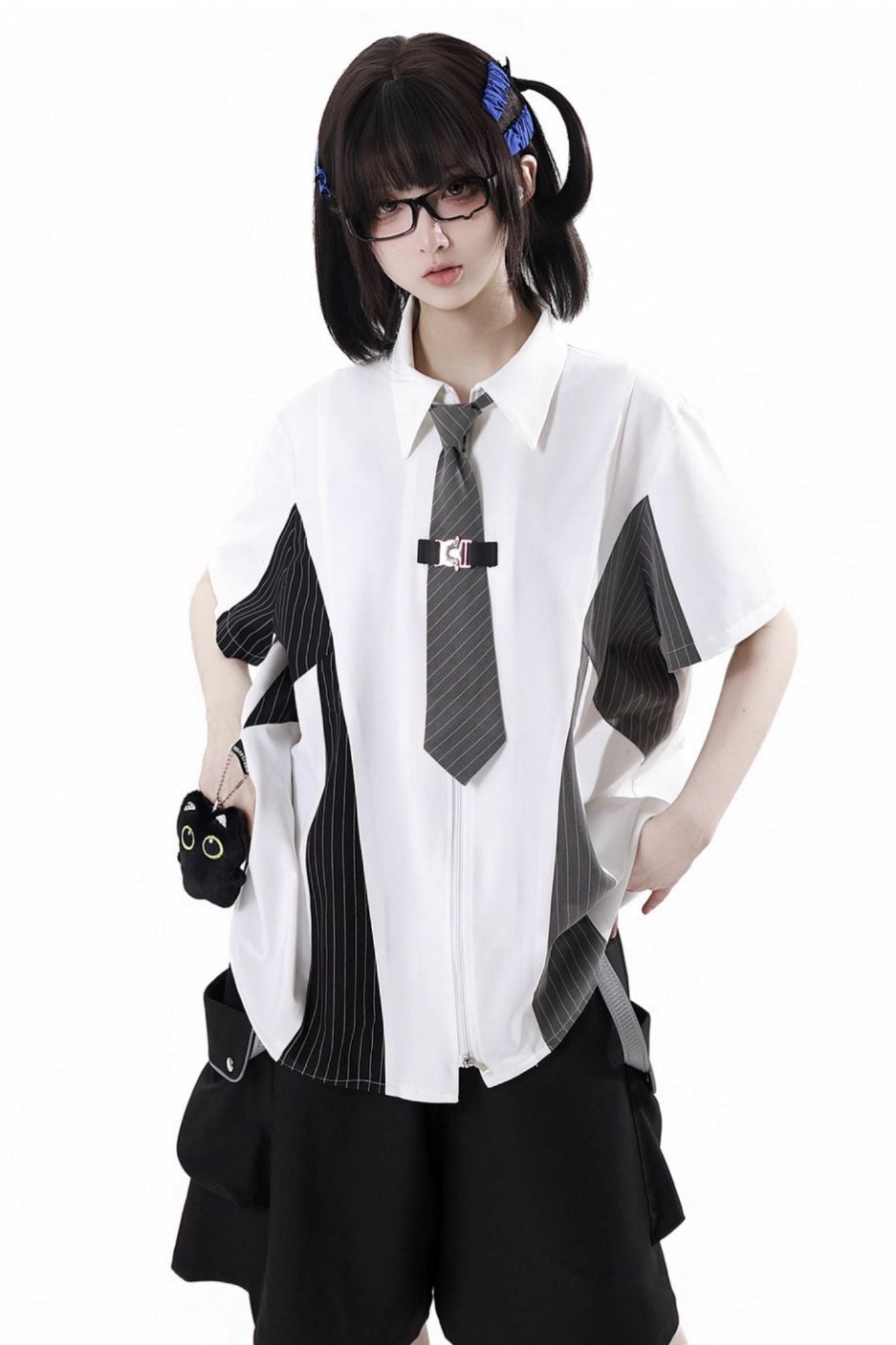Casual stripe stitch design shirt + hooded shirt + + half pants + culottes + tie