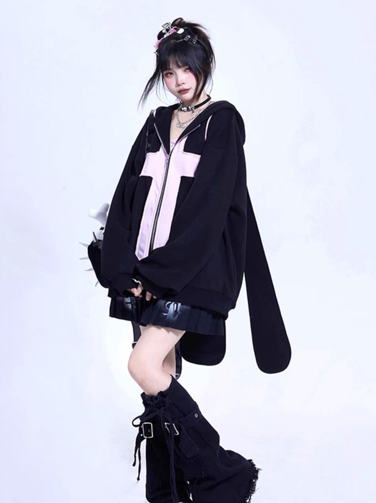 Cross bunny ears hoodie oversized jacket