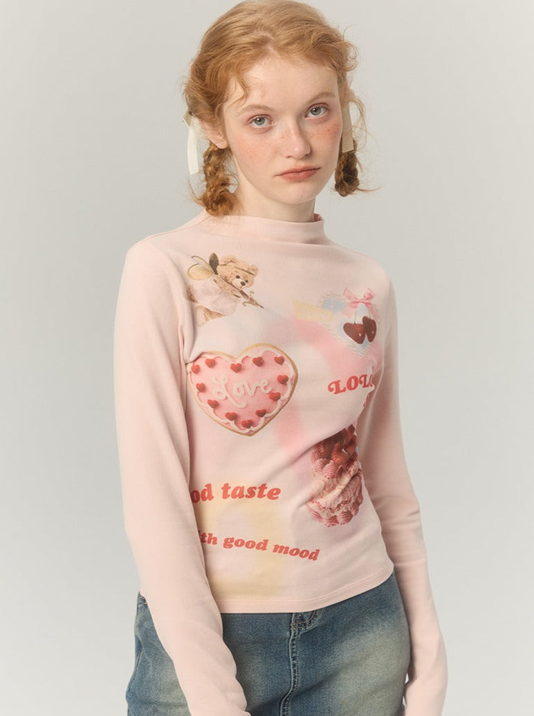 Half Turtle Collar Retro Sweet Illustration Top