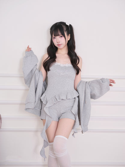 Lace Subculture Hooded Sweatshirt + Camisole + Shorts + Long Pants