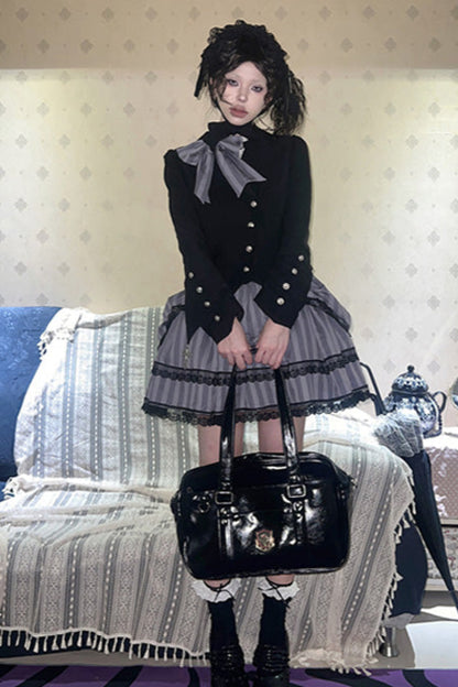 Striped gothic skirt + asymmetrical fitted jacket + jumper skirt