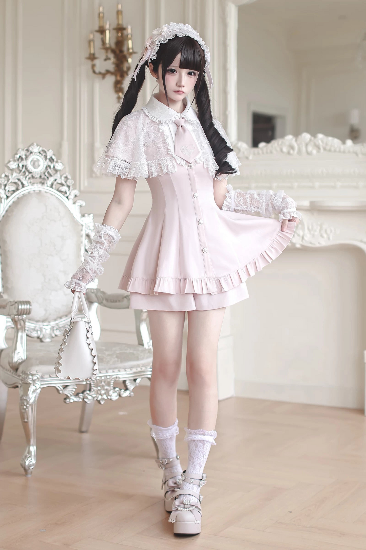[Pre-order Deadline: May 15] Pink Lace Cape Design Tie Color Dress Suit Full Set + Accessories