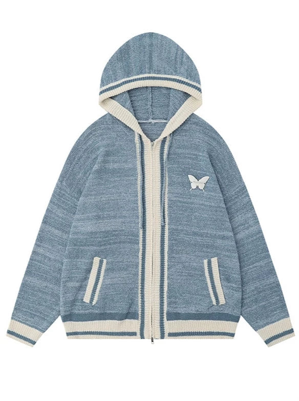 Mixed Knit Hooded Retro Design Cardigan