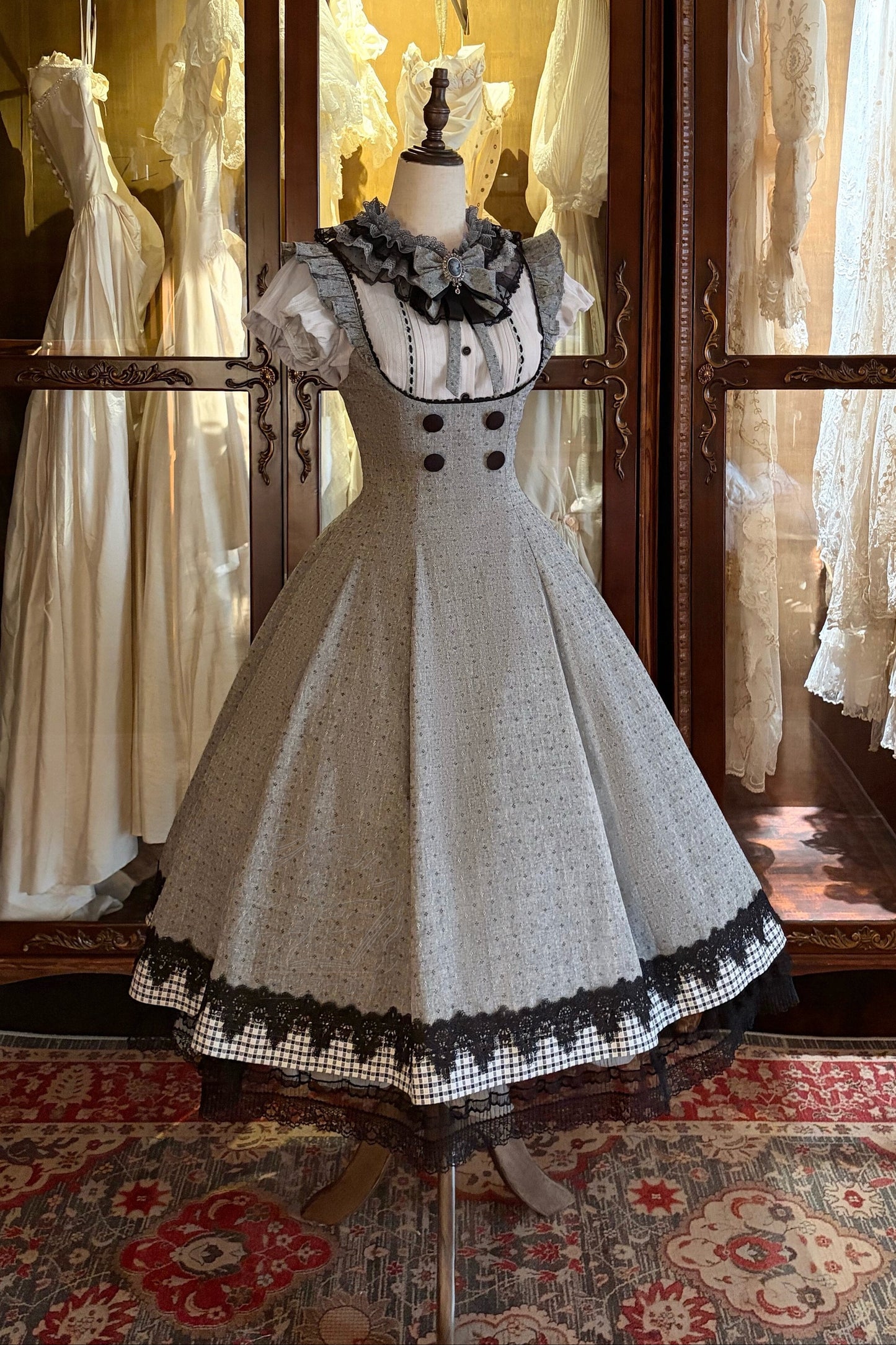 [Pre-order Deadline: May 19] Gray-Black Classic Lolita Top, JSK One-Piece & Bow Tie 3-Piece Ensemble