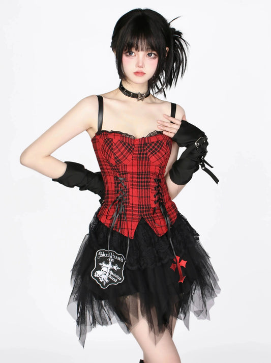 KNOW8 Original Red Camisole, Female Rock Girl Group, Gothic Tunics, Subculture, Tulze Skirt Set