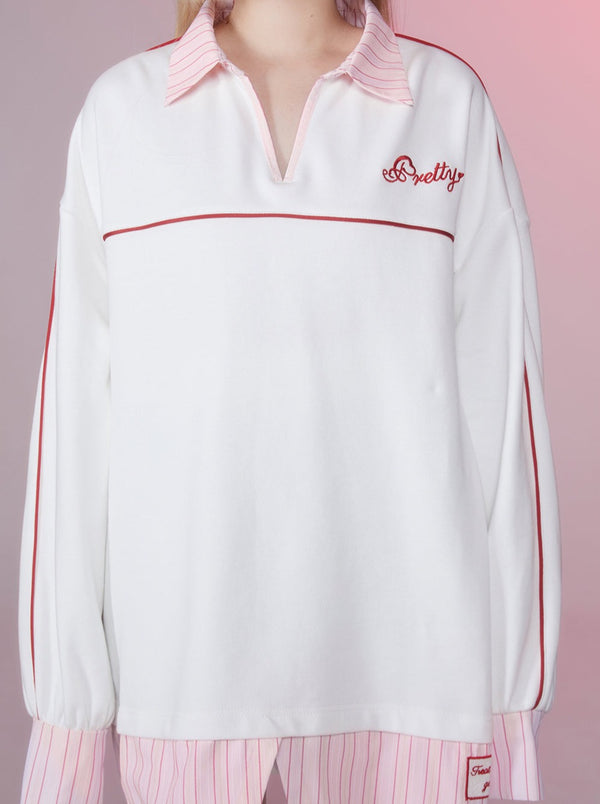 ストライプカラーブロックラペルトップオーバーサイズトレーナー